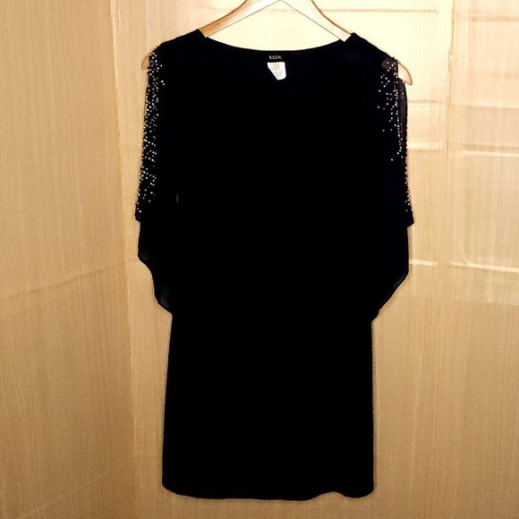 MSK Navy Draped Neck Stretchy Sheer Sleeve Silver Beaded Dress Small - Picture 1 of 5